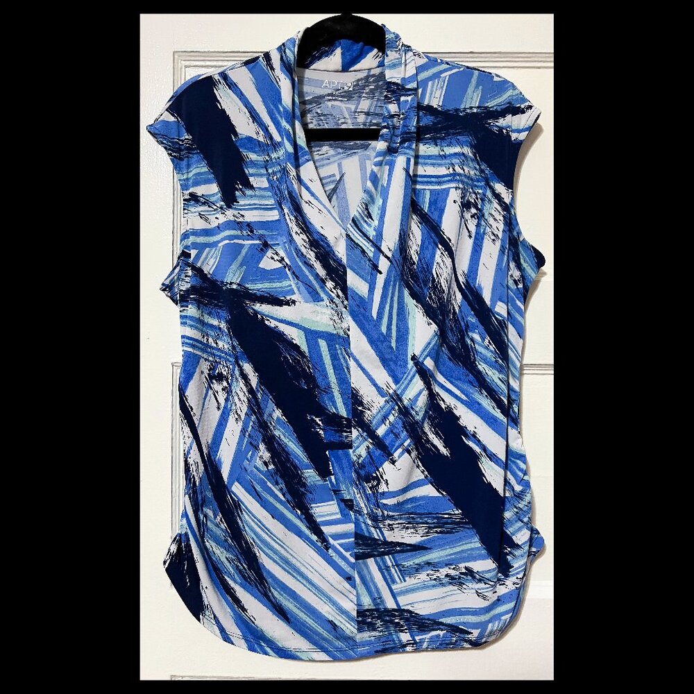 Apt 9 Womens Blue/White Abstract Vneck Ruched Sleeveless Top PXL EUC